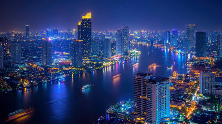 Capture the breathtaking beauty of a city skyline at night, showcasing illuminated towers and reflections on a serene river, perfect for urban landscape enthusiasts.の素材