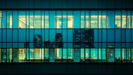 This striking image captures a modern office building at night, emphasizing illuminated windows and reflections of the vibrant cityscape, showcasing urban architecture.の素材