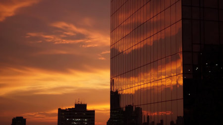 A stunning sunset casts vibrant hues on a modern glass building, reflecting the beauty of the urban skyline and the dramatic clouds in the evening sky.の素材