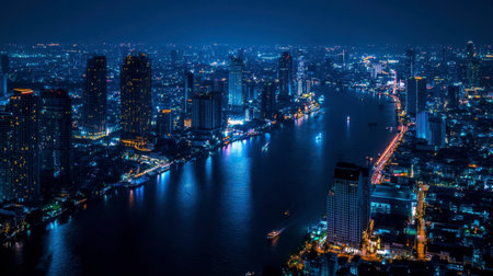 Discover a breathtaking night view of Bangkok with vibrant lights illuminating the skyline along the Chao Phraya River, creating a stunning reflection on the water's surface.の素材