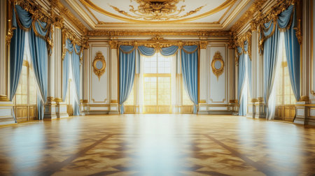 A stunning depiction of a grand hall featuring elegant blue drapes, ornate gold detailing, and a beautifully polished wooden floor illuminated by natural light.の素材