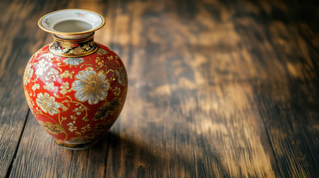 This stunning ornate vase showcases intricate red and gold floral designs, placed elegantly on a rustic wooden surface, reflecting traditional craftsmanship and artistic beauty.の素材