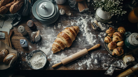 A delightful kitchen setting showcasing a freshly baked croissant surrounded by ingredients, kitchen tools, and pastries, highlighting the joy of home baking and gourmet treats.の素材