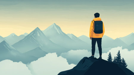 A lone hiker in a vibrant yellow jacket stands atop a rocky summit, gazing out over a stunning landscape of towering mountains and a serene, cloudy valley at dawn.の素材