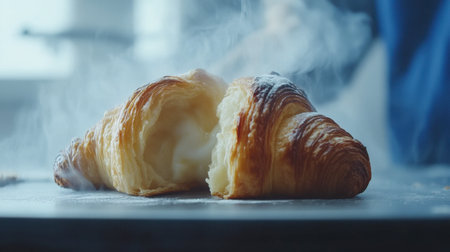 This image showcases a freshly baked croissant, highlighting its flaky layers and steam rising, creating an inviting atmosphere perfect for food lovers and culinary enthusiasts.の素材