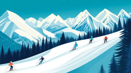 A picturesque winter sports scene captures skiers navigating freshly fallen snow, surrounded by towering mountains and lush forests, inviting adventure and outdoor enjoyment.の素材