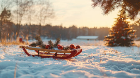 A picturesque winter landscape featuring a vintage red sleigh adorned with ornaments and pine, set against a snowy meadow and a beautifully lit Christmas tree.の素材