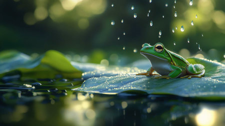 A vibrant green frog sits on a large leaf, with gentle raindrops falling around it, creating a calm and peaceful atmosphere in a lush wetland setting.の素材