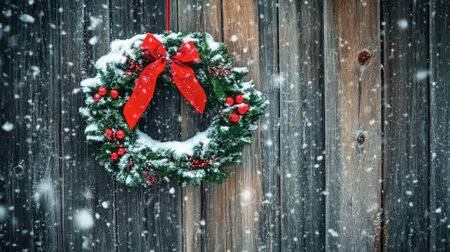 A beautifully crafted Christmas wreath hangs on a rustic wooden surface, adorned with red ribbon and white snow, evoking a cozy and festive atmosphere for the holiday season.の素材