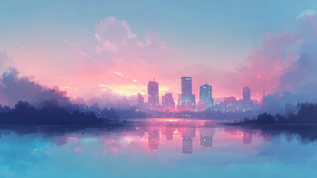 A breathtaking sunset illuminates a city skyline, its vibrant colors reflected in tranquil waters. This serene urban scene evokes inspiration and calmness, perfect for various creative projects.の素材