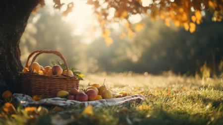 A serene autumn scene with a wicker basket brimming with fresh apples resting under a sun-kissed tree, evoking a sense of peace and abundance in nature.の素材