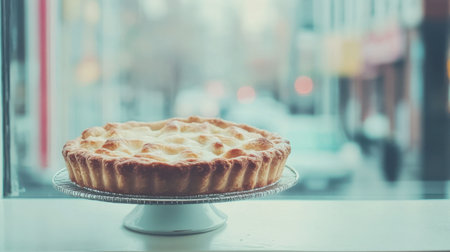 A beautifully baked pie rests on a display stand by a window, capturing the essence of comfort and home. The soft focus background adds to the inviting atmosphere.の素材