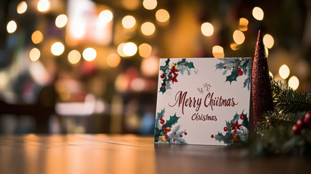 A beautifully designed Christmas greeting card showcasing holly decorations sits on a rustic wooden table with warm bokeh lights in the background, evoking a festive atmosphere for holiday celebrations.の素材