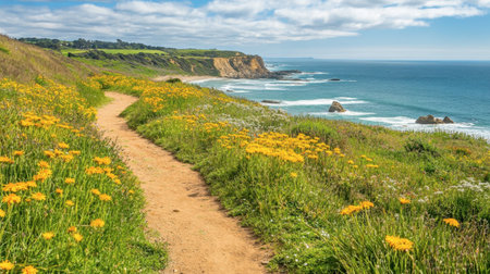 Explore a picturesque coastal pathway lined with vibrant wildflowers, offering stunning views of the ocean and cliffs under a bright sunny sky. Perfect for outdoor adventures!の素材