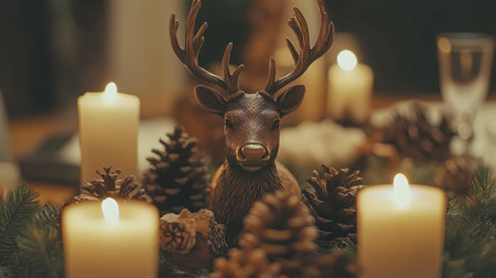 This charming Christmas scene features a decorative reindeer amidst flickering candles and pine cones, creating a warm and inviting holiday atmosphere perfect for celebrations.の素材