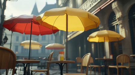 A vibrant outdoor cafe scene featuring colorful red and yellow umbrellas, inviting tables, and soft morning light, perfect for relaxation and social gatherings in an urban setting.の素材