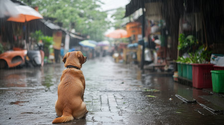 A brown dog sits quietly in the rain on an empty street, embodying solitude and reflection against a backdrop of blurred urban life.の素材