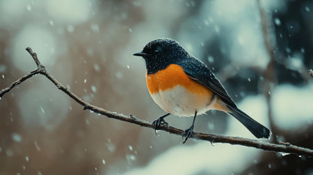 A striking close-up image of a colorful bird resting on a branch amidst gentle snowfall, capturing the essence of winter wildlife and the tranquility of nature.の素材