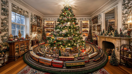 A charming holiday interior showcases a large Christmas tree adorned with twinkling lights and ornaments, encircled by a whimsical miniature train set, creating a nostalgic festive atmosphere.の素材