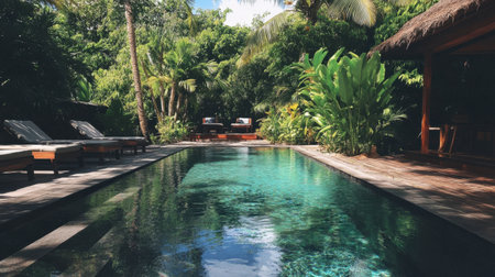 Experience a tranquil tropical retreat featuring a serene swimming pool surrounded by lush greenery and inviting lounge chairs, perfect for relaxation and rejuvenation.の素材