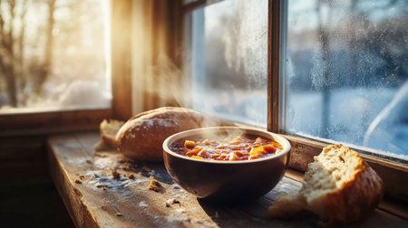 A steaming bowl of soup sits beside freshly baked bread on a rustic wooden windowsill, illuminated by soft natural light, creating a warm and inviting atmosphere perfect for winter dining.の素材