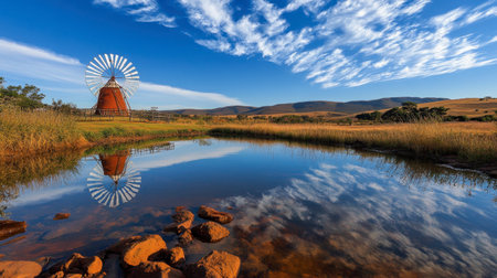 Beautiful rural landscape showcasing a windmill with its reflection in a calm water body surrounded by vibrant grass and picturesque sky, creating a serene atmosphere.の素材