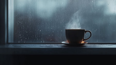 A steaming coffee mug sits on a window sill surrounded by raindrops, creating a tranquil scene that evokes feelings of comfort and solitude on a rainy day.の素材