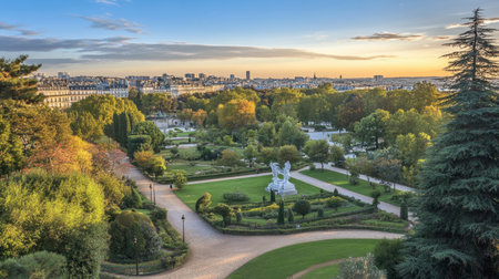 Enjoy a stunning aerial view of a serene Paris park during sunset, featuring vibrant autumn colors, elegant statues, and the picturesque city skyline in the background.の素材