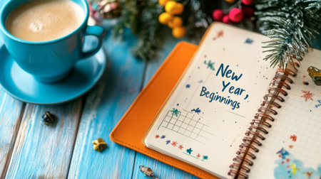 A warm and inviting scene featuring a cup of coffee beside a notebook marked "New Year, Beginnings," surrounded by festive decorations, capturing the essence of new opportunities and reflections.の素材