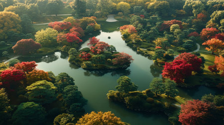 Experience the beauty of a tranquil autumn landscape showcasing vibrant foliage and reflective waters, perfect for nature lovers and peaceful retreats.の素材