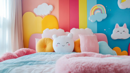 A vibrant and cheerful children's bedroom showcasing soft pillows and playful decor elements like clouds and rainbows, creating a cozy and inviting atmosphere perfect for kids.の素材