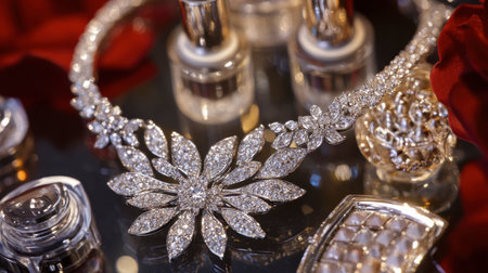 Stunning diamond necklace featured with beauty products and rose petals, perfect for highlighting elegance and luxury in fashion or bridal photography.の素材