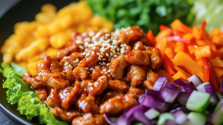 This vibrant plate features a delicious Asian chicken dish topped with sesame seeds, surrounded by fresh vegetables, making it perfect for healthy meals and food presentations.の素材