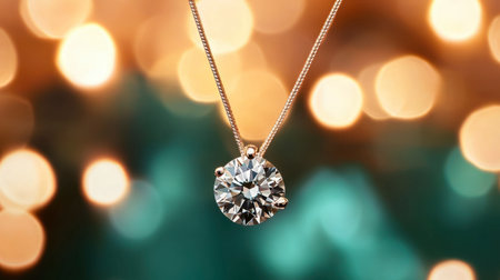 A stunning diamond pendant necklace gracefully dangling amidst vibrant bokeh lights, epitomizing luxury and elegance for special occasions and gifts. Perfect for jewelry lovers.の素材