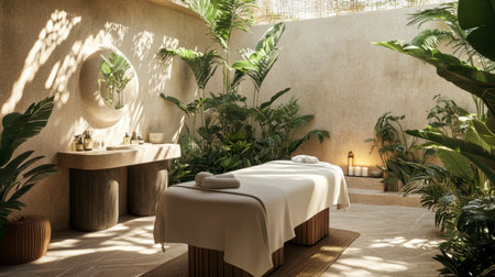 Discover a serene spa interior featuring a massage table surrounded by lush greenery, natural materials, and soft lighting, creating a perfect setting for relaxation and rejuvenation.の素材