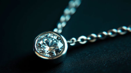 This stunning close-up features a sparkling diamond pendant set on a sleek silver chain. The brilliant gemstone shines against a dark background, enhancing its luxurious appeal.の素材