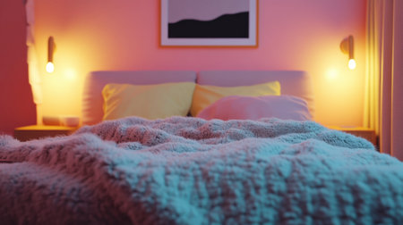 A cozy bedroom retreat showcasing soft lighting, a textured blanket, and modern design elements, ideal for creating a warm and inviting atmosphere for relaxation and comfort.の素材