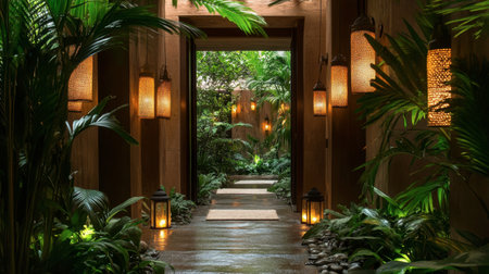 A tranquil pathway illuminated by warm lanterns leads through lush greenery, creating a serene atmosphere perfect for relaxation and peaceful reflection in a tropical setting.の素材