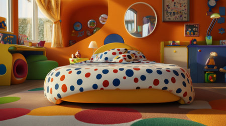 A lively children's bedroom featuring a polka dot bedspread, bright colors, and cheerful decor, creating a joyful and imaginative space for kids to play and rest.の素材