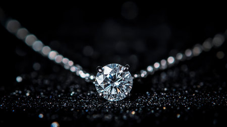 Close-up view of a stunning diamond pendant necklace set against a dark background, showcasing the exquisite sparkle and intricate details of the jewelry piece.の素材