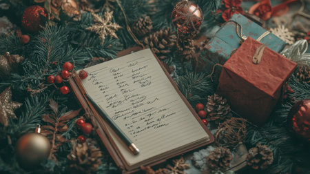A warm and inviting holiday scene showcases a handwritten gift list on a notepad, surrounded by Christmas ornaments, pine cones, and festive decorations, capturing the spirit of celebration.の素材