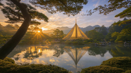A breathtaking view of a Japanese garden during sunrise, showcasing a golden pavilion reflecting in the calm water, surrounded by lush greenery and misty mountains.の素材