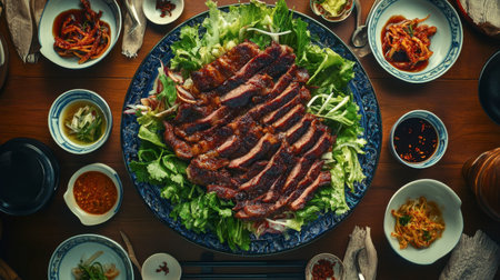 This captivating image features a beautifully arranged grilled meat platter with fresh vegetables and traditional side dishes, perfect for showcasing culinary delights.の素材