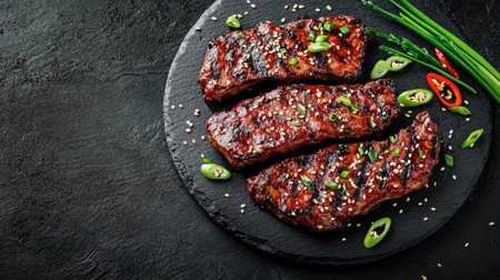 A stunning presentation of grilled beef steaks garnished with fresh green onions and sesame seeds on a rustic black slate plate, ideal for culinary displays and food photography.の素材
