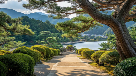 A stunning view of a serene pathway immersed in lush greenery leading to a tranquil lake, framed by majestic mountains and ancient trees, perfect for nature lovers and explorers.の素材
