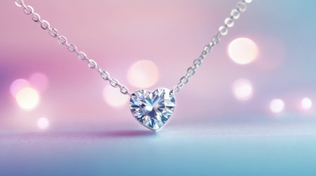A beautiful heart-shaped diamond necklace catches the light with its brilliant shine, set against a soft pastel backdrop, perfect for showcasing elegance and romance.の素材