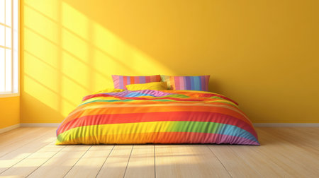 This vibrant bedroom features rainbow striped bedding and sunny yellow walls, creating a cheerful atmosphere ideal for relaxation and aesthetic appeal in home decor.の素材