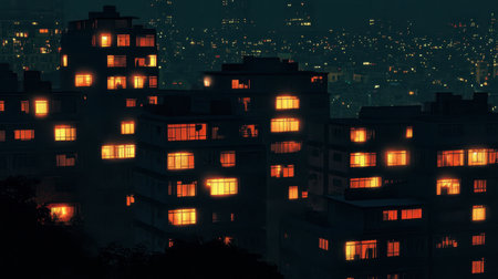 A captivating cityscape at night featuring buildings with illuminated windows. The glowing lights evoke a lively atmosphere and highlight urban living.の素材