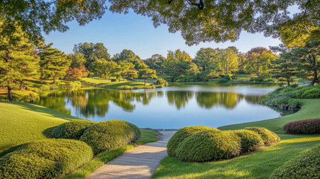 This captivating landscape showcases a peaceful lake reflecting vibrant greenery, surrounded by lush trees and a scenic pathway inviting relaxation and tranquility in nature.の素材