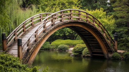 A stunning wooden bridge arches gracefully over a tranquil pond, surrounded by lush greenery, evoking a sense of peace and harmony in a beautiful garden setting.の素材